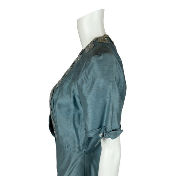 Vintage 1950s Dress Set Women's Small Faux Silk Blue Cocktail Outfit - Picture 13 of 15